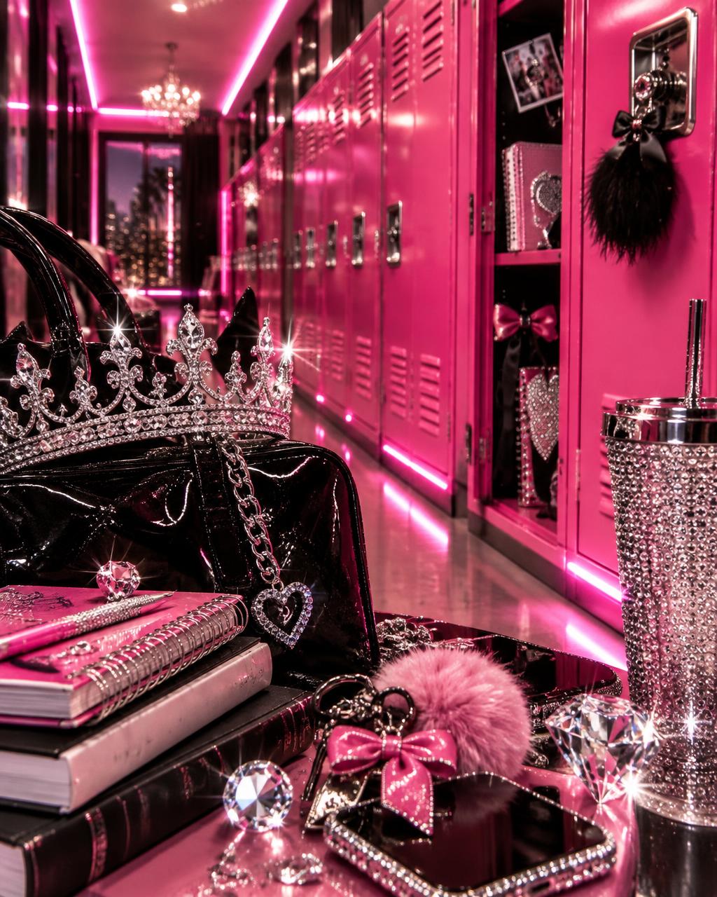 Pink lockers, crown and diamonds